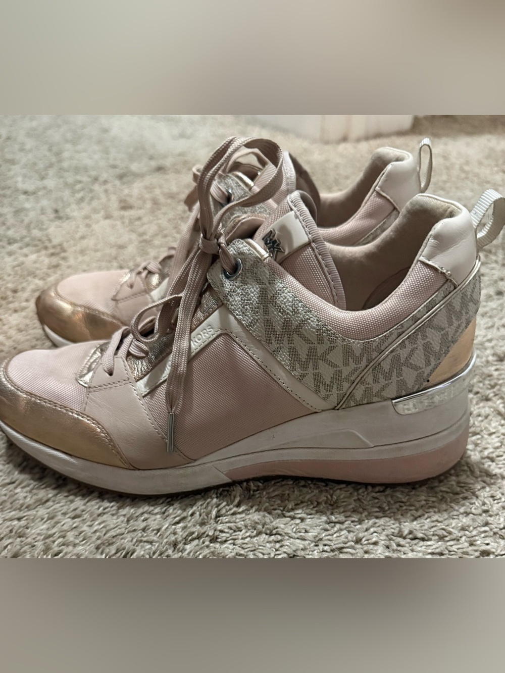 Michael Kors Blush Pink & Metallic Gold Lace-Up Sneakers - Picture 2 of 9